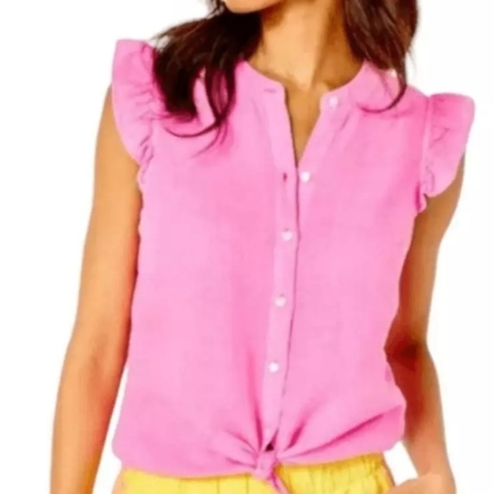 Lilly Pulitzer Briette Button Down Hot Pink Isle 100% Seacoast Linen XXS…